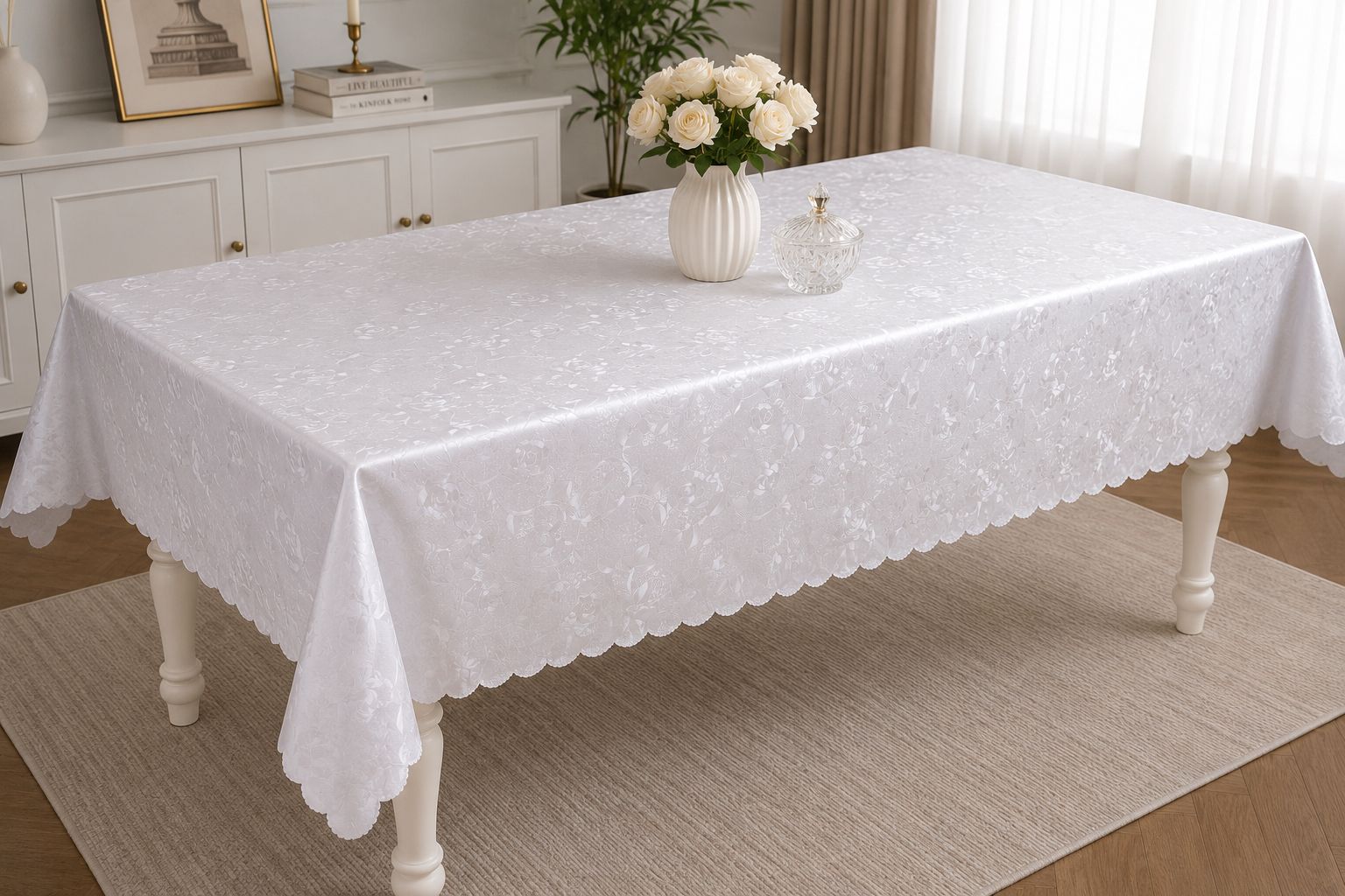 Скатерть виниловая на большой стол 140×300 см с узором 7D/r/white 302 Скатерть виниловая на большой стол 140×300 см с узором 7D/r/white 302