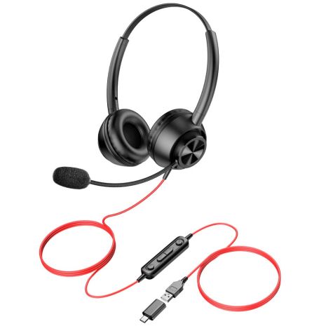 USB гарнітура New Bee H369 з мікрофоном ENC для ПК та ноутбука, USB-A+USB-C, одностороння, дротова, з пультом керування