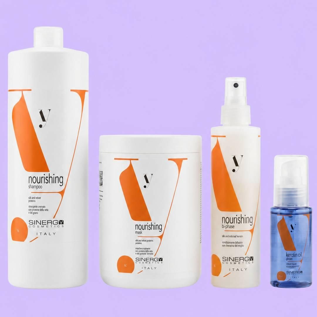 Набор Sinergy Nourishing QUATRO L шампунь, маска, спрей и флюид для сухих и поврежденных волос, 2х1000+200+60 мл Набор Sinergy Nourishing QUATRO L шампунь, маска, спрей и флюид для сухих и поврежденных волос, 2х1000+200+60 мл
