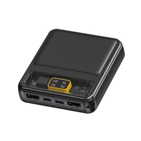 Корпус повербанка с дисплеем K61 для АКБ 3x18650, 88x76x24mm, in: Type-C, MicroUSB, 2xUSB-A, 10W, черно-желтый-прозрачный
