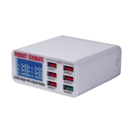 Зарядна станція з індикацією параметрів заряджання WLX-896 (6 USB, Fast Charge 3.0, 40W)