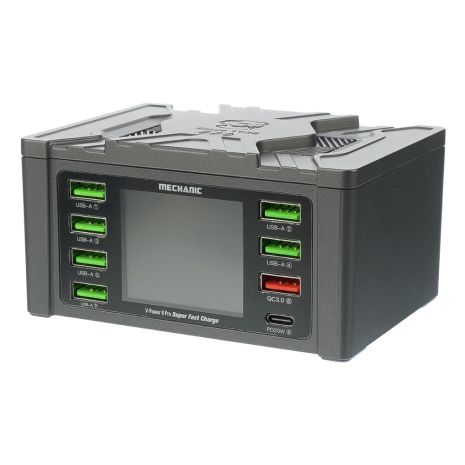 Зарядна станція з індикацією параметрів заряджання Mechanic V-Power 8 Pro 110W (6 USB 2.4А/1 USB QC 3A/1 Type C - PD 20W/ Wireless fast charging 15W)