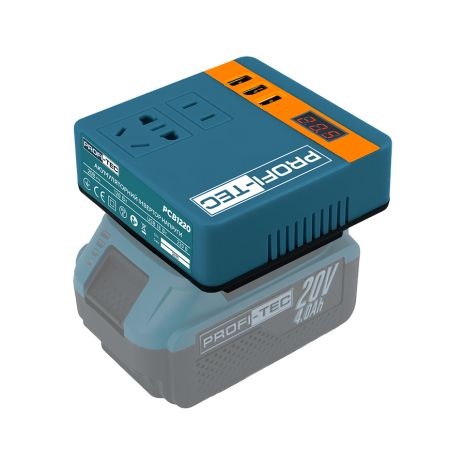 Акумуляторний інвертор напруги PROFI-TEC PCB1220 UltraCore (перетворювач 20 В = 220 В, ном. 100 Вт / макс. 120 Вт, 3×USB, розетка) без АКБ та ЗП, коробка