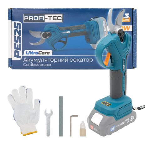Акумуляторний секатор PROFI-TEC PES25 UltraCore (20 В, безщітковий двигун, різ 15 / 25 мм, 152 різ/хв) каркас, коробка, без акк та ЗП