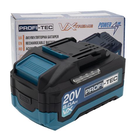 Акумуляторна батарея PROFI-TEC PT2080VX 20 В / 8.0 Aг / 21700 (високострумова, з індикатором) посилені плата, каркас та контактна группа Акумуляторна батарея PROFI-TEC PT2080VX 20 В / 8.0 Aг / 21700 (високострумова, з індикатором) посилені плата, каркас та контактна группа