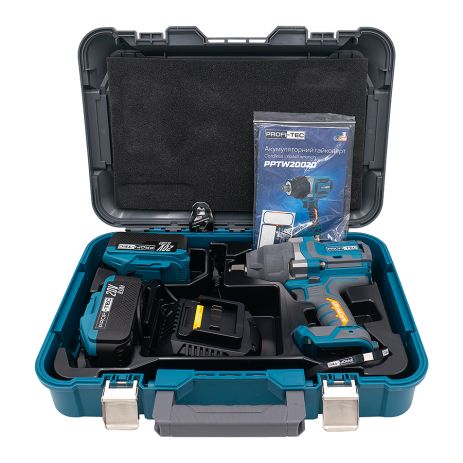 Акумуляторний гайковерт PROFI-TEC PPTW20020 UltraCore (20 В, безщітковий двигун, 2000 Нм, хвостовик 3/4″) 2×PT2080EP (8.0 Aг), швидкозарядний пристрій QBCD20/4 quick (4.0 А), кейс
