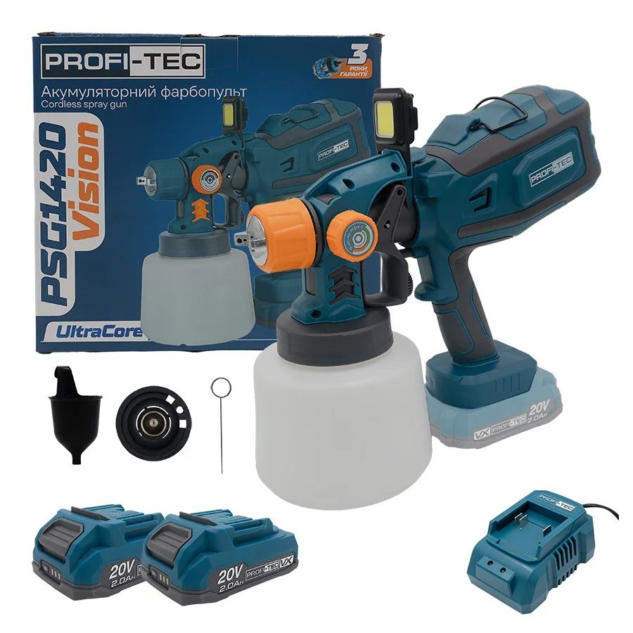 Аккумуляторный краскопульт PROFI-TEC PSG1420 Vision (2×PT2020VX (2.0 Ач), зарядное устройство) Аккумуляторный краскопульт PROFI-TEC PSG1420 Vision (2×PT2020VX (2.0 Ач), зарядное устройство)