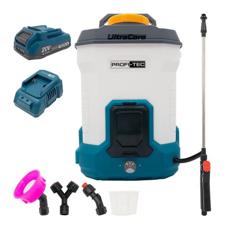 Акумуляторний обприскувач PROFI-TEC PS-12L/20V (20 В, бак 12 л, тиск 4.0 бар, 2.9 л/хв) 1×PT2020VX (2.0 Aг), ЗП BC10, насадки, коробка Акумуляторний обприскувач PROFI-TEC PS-12L/20V (20 В, бак 12 л, тиск 4.0 бар, 2.9 л/хв) 1×PT2020VX (2.0 Aг), ЗП BC10, насадки, коробка