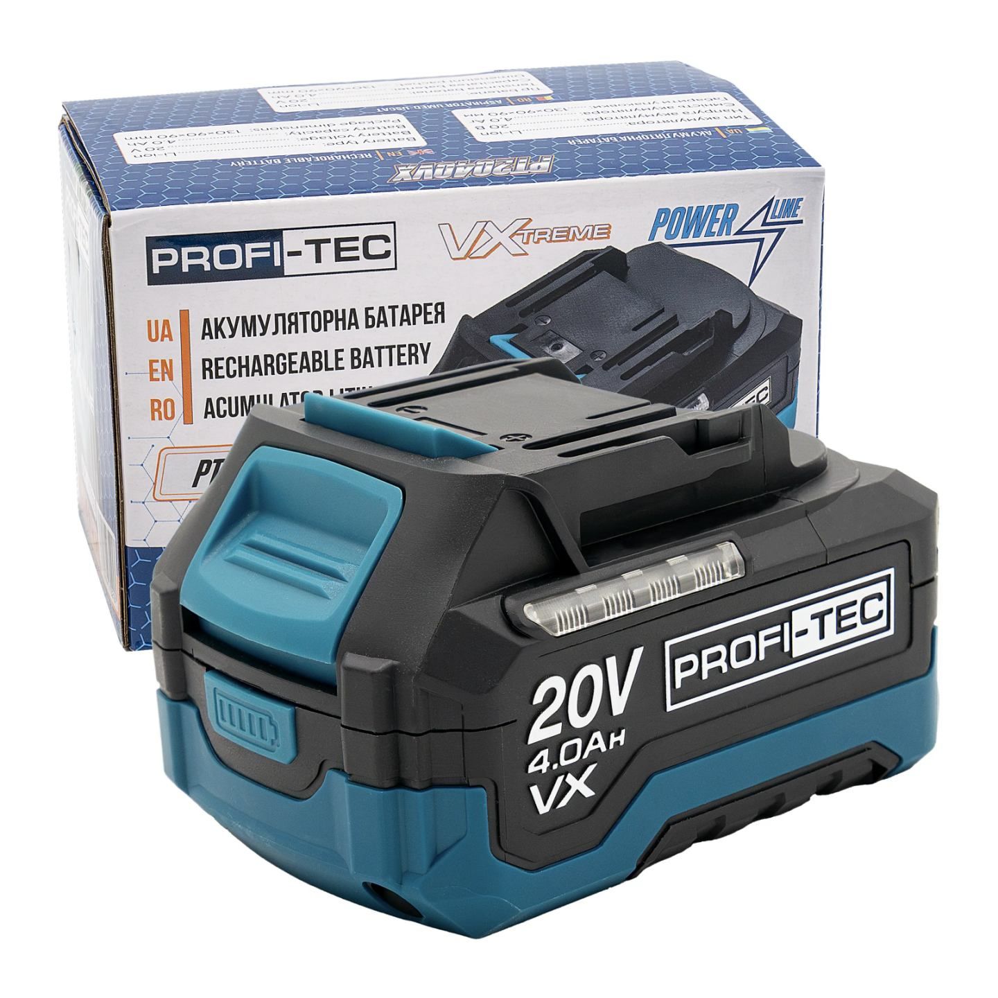 Акумуляторна батарея PROFI-TEC PT2040VX (20 В / 4.0 Аг, високострумова, з індикатором) Акумуляторна батарея PROFI-TEC PT2040VX (20 В / 4.0 Аг, високострумова, з індикатором)