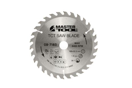 Твердосплавний пиляльний диск по дереву MASTERTOOL 08-7183 (180х22.2 мм, 30 зубів) з перехідником 22.2-20