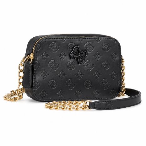 Женская сумка Guess кросс-боди черная с золотой фурнитурой и теснением