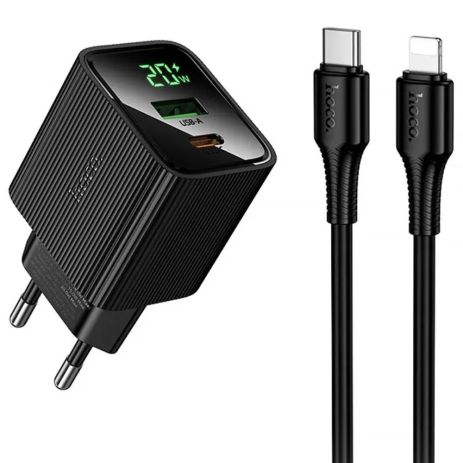 Сетевое зарядное устройство Hoco CS83A USB/ Type-C PD QC с дисплеем black + кабель Type-C to Lightning