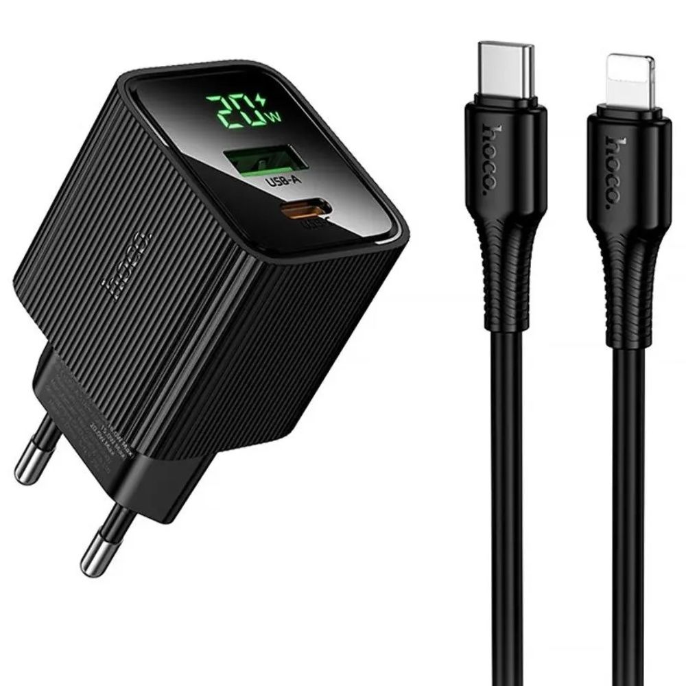 Сетевое зарядное устройство Hoco CS83A USB/ Type-C PD QC с дисплеем black + кабель Type-C to Lightning Сетевое зарядное устройство Hoco CS83A USB/ Type-C PD QC с дисплеем black + кабель Type-C to Lightning