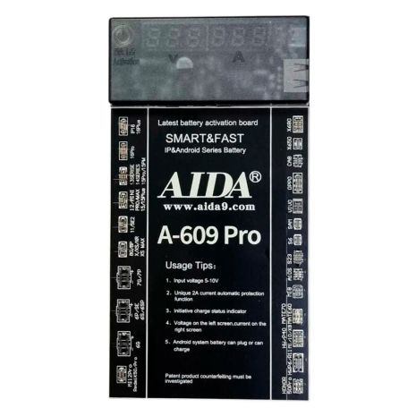 Плата активации и зарядки аккумуляторов Aida A-609 Pro с цифровой индикацией (6 -17 Pro Max, Android, кабель Type-C/ USB A/ штеккеры БП) Плата активации и зарядки аккумуляторов Aida A-609 Pro с цифровой индикацией (6 -17 Pro Max, Android, кабель Type-C/ USB A/ штеккеры БП)