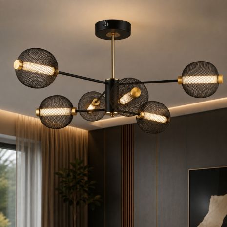 Люстра потолочная светодиодная VALESO с 6 плафонами LED, черный с золотом, металл, 3000K+6500K, YH1464/6