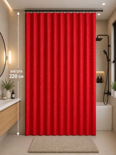 Шторка для ванної довга 180x220 см ( висота 2.2 м) однотонна червона