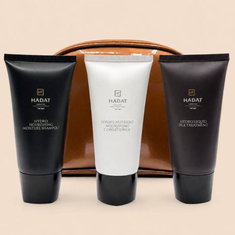 Тревел-набор Hadat Cosmetics Hydro Silk Hair шампунь, кондиционер, маска 3×70 мл + косметичка