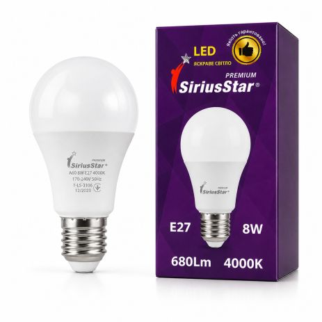 Светодиодная лампа SIRIUSSTAR A60 8W-4000K-E27 (3106)