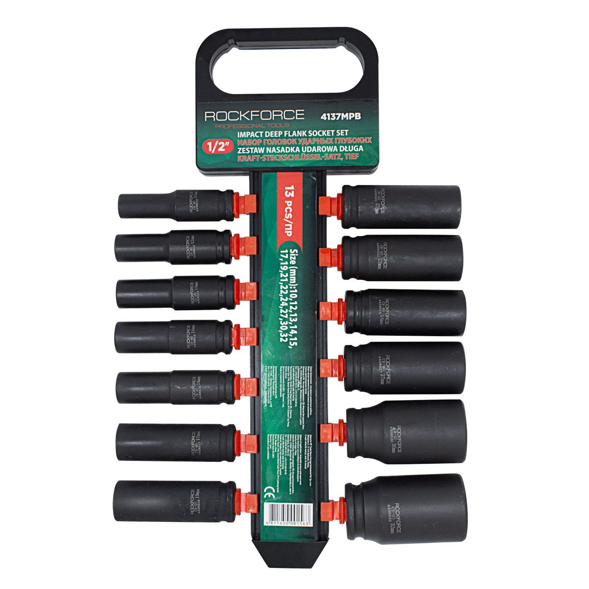 Набор головок ударных глубоких ROCKFORCE RF-4137MPB 13пр.,1/2''(10, 12-15, 17, 19, 21, 22, 24, 27, 30, 32мм), на пластиковом держателе Набор головок ударных глубоких ROCKFORCE RF-4137MPB 13пр.,1/2''(10, 12-15, 17, 19, 21, 22, 24, 27, 30, 32мм), на пластиковом держателе