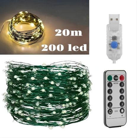 Гирлянда Роса USB, 20 метров, 200 LED на зеленой проволоке с пультом, светодиодная гирлянда для ёлки