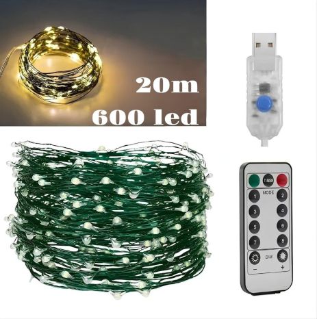 Гирлянда Роса USB, 20 метров, 600 LED на зеленой проволоке с пультом, светодиодная гирлянда для ёлки