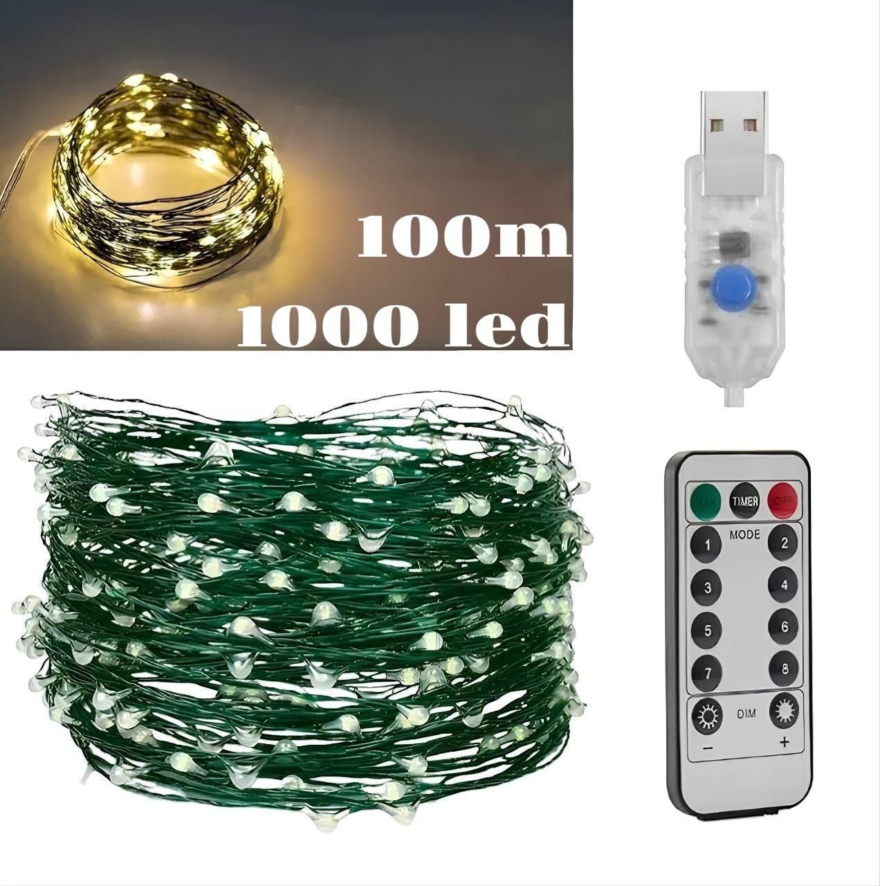 Гирлянда Роса USB, 100 метров, 1000 LED на зеленой проволоке с пультом, светодиодная гирлянда для ёлки Гирлянда Роса USB, 100 метров, 1000 LED на зеленой проволоке с пультом, светодиодная гирлянда для ёлки