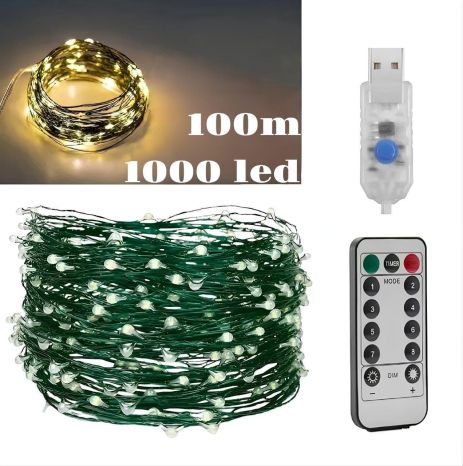 Гирлянда Роса USB, 100 метров, 1000 LED на зеленой проволоке с пультом, светодиодная гирлянда для ёлки