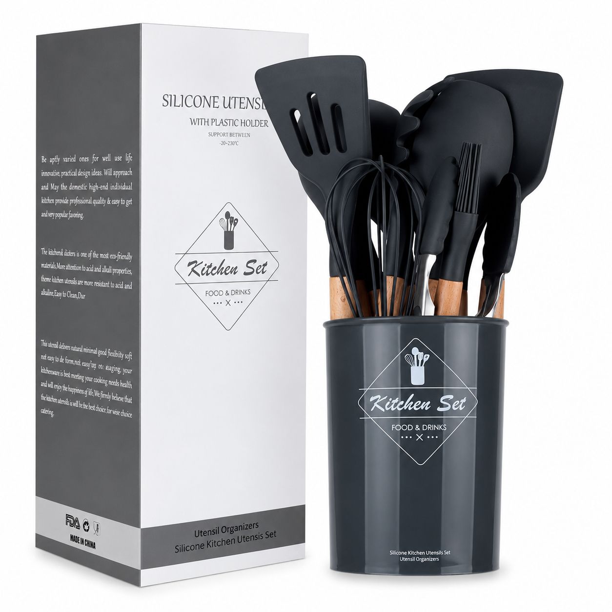 Кухонный набор из силикона и дерева 12 предметов с подставкой Kitchen Set чёрного цвета Кухонный набор из силикона и дерева 12 предметов с подставкой Kitchen Set чёрного цвета
