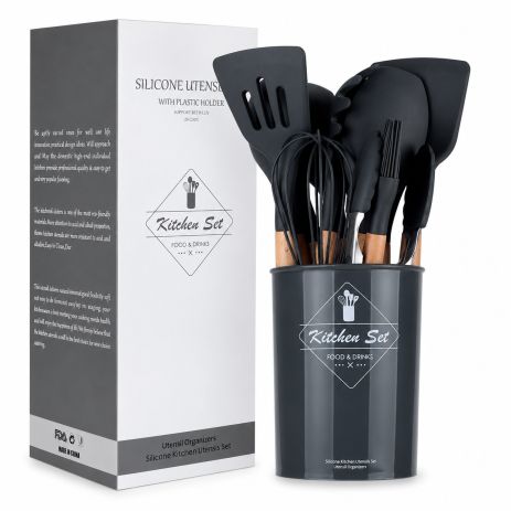 Кухонный набор из силикона и дерева 12 предметов с подставкой Kitchen Set чёрного цвета