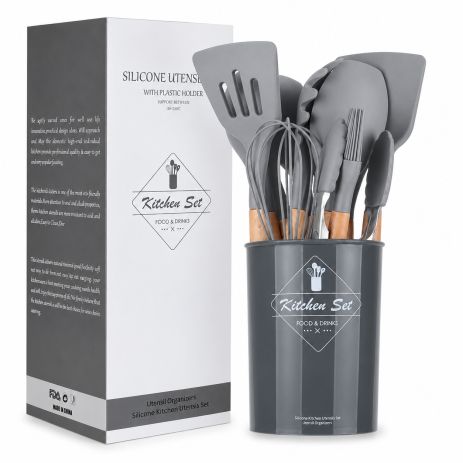 Кухонный набор из силикона и дерева 12 предметов с подставкой Kitchen Set серого цвета