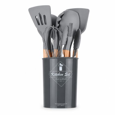 Кухонный набор мини из силикона и дерева 12 предметов с подставкой Kitchen Set серого цвета