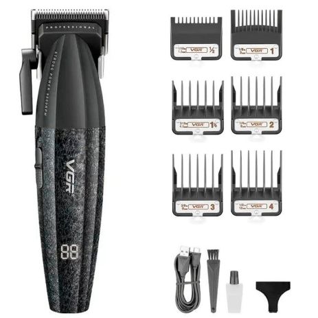 Акумуляторна машинка для стрижки VGR V-640C BLACK, 6 насадок, LED дисплей, 9000RPM