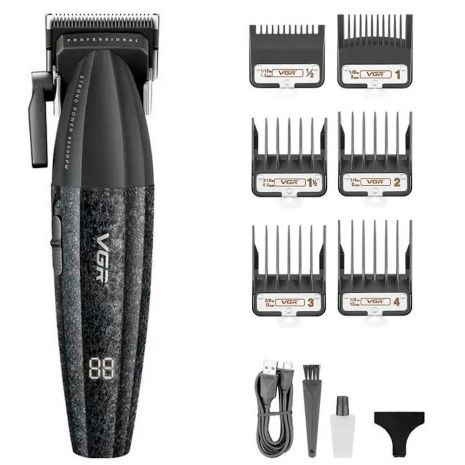 Акумуляторна машинка для стрижки VGR V-640C BLACK, 6 насадок, LED дисплей, 9000RPM