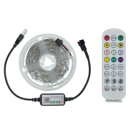 LED стрічка USB RGB 5V, IP 20, 5м, з Bluetooth та пультом, датчиком звуку, на самоклейці