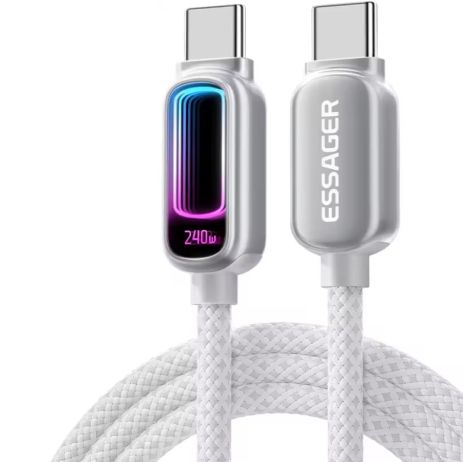 Кабель ESSAGER c чипом E-Marker, Type-C to Type-C PD(3.1) (240W/5A Max), синхронизация данных (480Mbps), braided nylon, 1m, Milky White