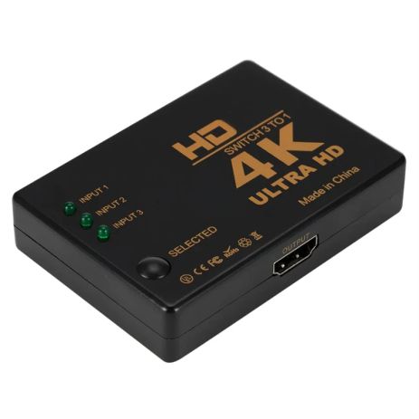 HDMI разветвитель Switch 1х3 на 3 порта (1out/3in) 4К 60Hz, Plastic, 58х82mm, Black | переключатель, паралельное размещение портов | Для PC, XBox, PS4, PS5, видеоплееров