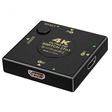 HDMI разветвитель Switch 1x3 на 3 порта (1out/3in) 4К 60Hz, Plastic, Square (65mm), Black | переключатель, размещение портов угловое | Для PC, XBox, PS4, PS5, видеоплееров