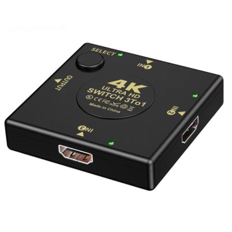 HDMI розгалужувач Switch 1x3 на 3 порти (1out/3in) 4К 60Hz, Plastic, Square (65mm), Black | перемикач, розміщення портів кутове | Для PC, XBox, PS4, PS5, відеоплеєрів