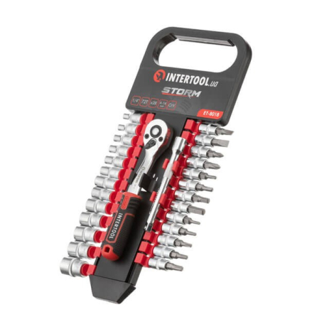 Набір головок і біт STORM, 1/4", Cr-V, 28 од., головки: 4-14 мм, біти: TORX, HEX, PH, SL, тріскачка 72 зуби, подовжувач 100 мм INTERTOOL ET-8018