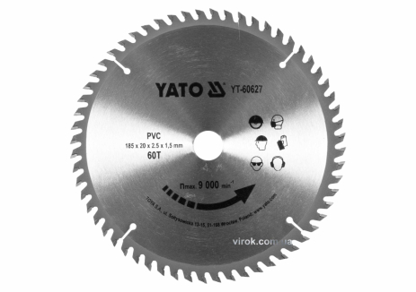 Диск пиляльний по ПВХ : Ø=185х2.5x20 мм, 60 зубів, RP M до 9000 1/хв YaTo YT-60627