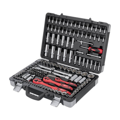 Набір інструментів, проф., 1/2" + 3/8" + 1/4", Cr-V, 151 од., головки: 4-32 мм, E4-E24, біти 54 од., подовж. головки: 4-22 мм, кейс INTERTOOL ET-7151