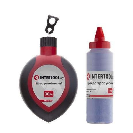 Шнур розмічальний 30 м з коректором, крейда 120 г (синя) INTERTOOL MT-2506 Шнур розмічальний 30 м з коректором, крейда 120 г (синя) INTERTOOL MT-2506