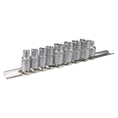 Головки Torx 1/4, 3/8, набір 9 шт., розміри 1/4: E5, E6, E7, E8, розміри 3/8: E10, E12, E14, E16, перехідник 3/8F x 1/4M, сталь CrV Topex 39D375