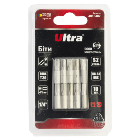 Біти TORX 30×25мм ¼" 10шт S2 (блістер) ULTRA 4015402 Біти TORX 30×25мм ¼" 10шт S2 (блістер) ULTRA 4015402