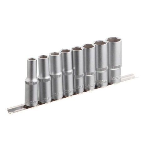 Набір подовжених шестигранних головок на планці, 1/2", 8 од. (10, 12, 13, 14, 15, 17, 19, 22 мм) INTERTOOL ET-6009 Набір подовжених шестигранних головок на планці, 1/2", 8 од. (10, 12, 13, 14, 15, 17, 19, 22 мм) INTERTOOL ET-6009