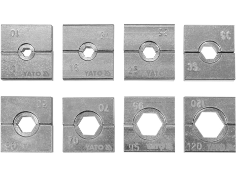 Матриці змінні для кліщів із губками 10, 16, 25, 35, 50, 70, 95, 120 мм², 8 елем. Yato YT-22863 Матриці змінні для кліщів із губками 10, 16, 25, 35, 50, 70, 95, 120 мм², 8 елем. Yato YT-22863