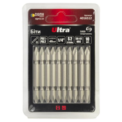 Биты PH1-PH2×65мм ¼" 10шт S2 (блистер) ULTRA 4016512 Биты PH1-PH2×65мм ¼" 10шт S2 (блистер) ULTRA 4016512