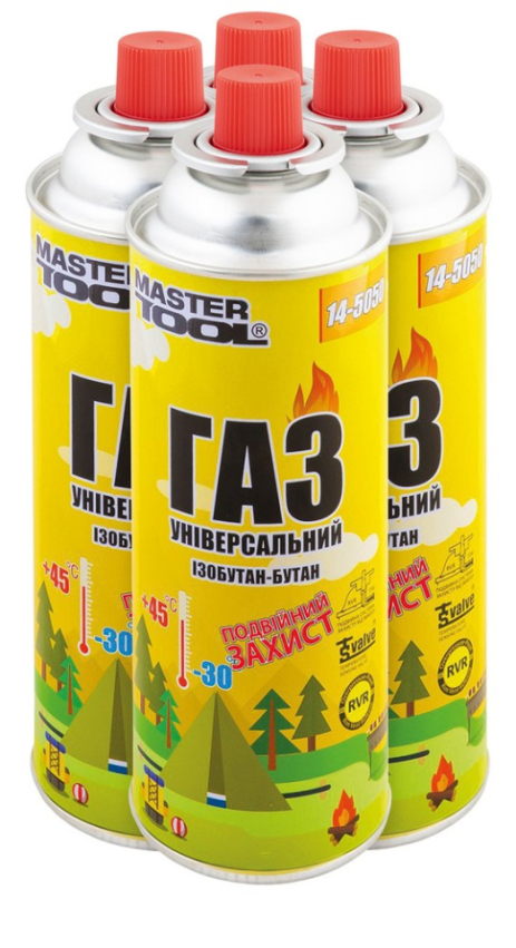 Газ бутан "УНІВЕРСАЛЬНИЙ" 220 г подвійний захист RVR TSV 4 шт MASTERTOOL 14-5050PC Газ бутан "УНІВЕРСАЛЬНИЙ" 220 г подвійний захист RVR TSV 4 шт MASTERTOOL 14-5050PC