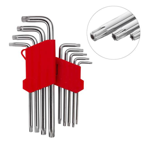 Набір ключів Г-подібних TORX подовжених, з отвором, 9 шт., Т10-Т50, Cr-V INTERTOOL HT-0606