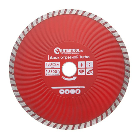 Диск отрезной алмазный Turbo, 180 мм, 22-24%, 8600 об/мин INTERTOOL CT-2009 Диск отрезной алмазный Turbo, 180 мм, 22-24%, 8600 об/мин INTERTOOL CT-2009